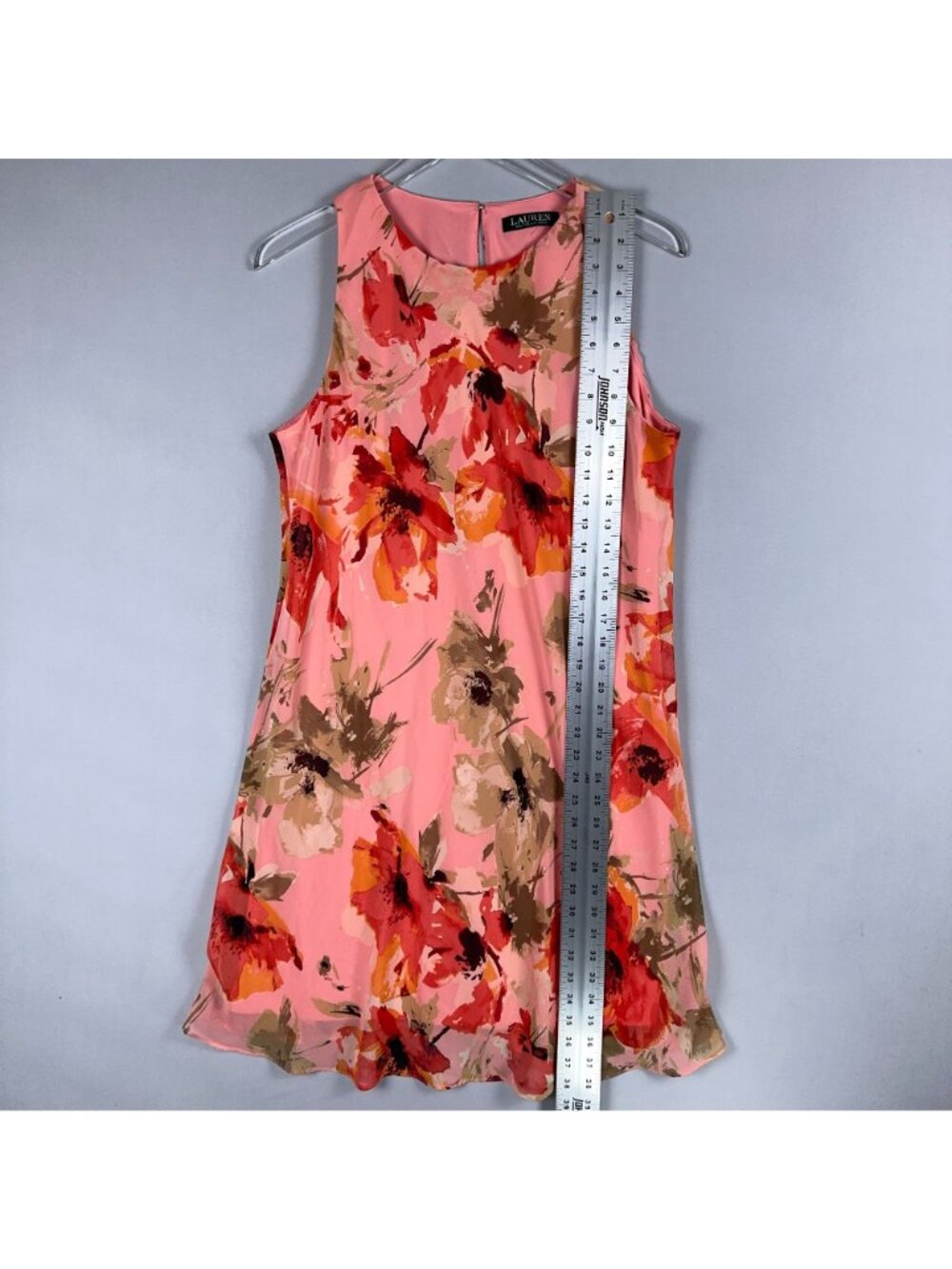 Lauren Ralph Lauren Dress Size 12 Shift Midi Sleeveless Floral Chiffon Pink - Picture 7 of 10
